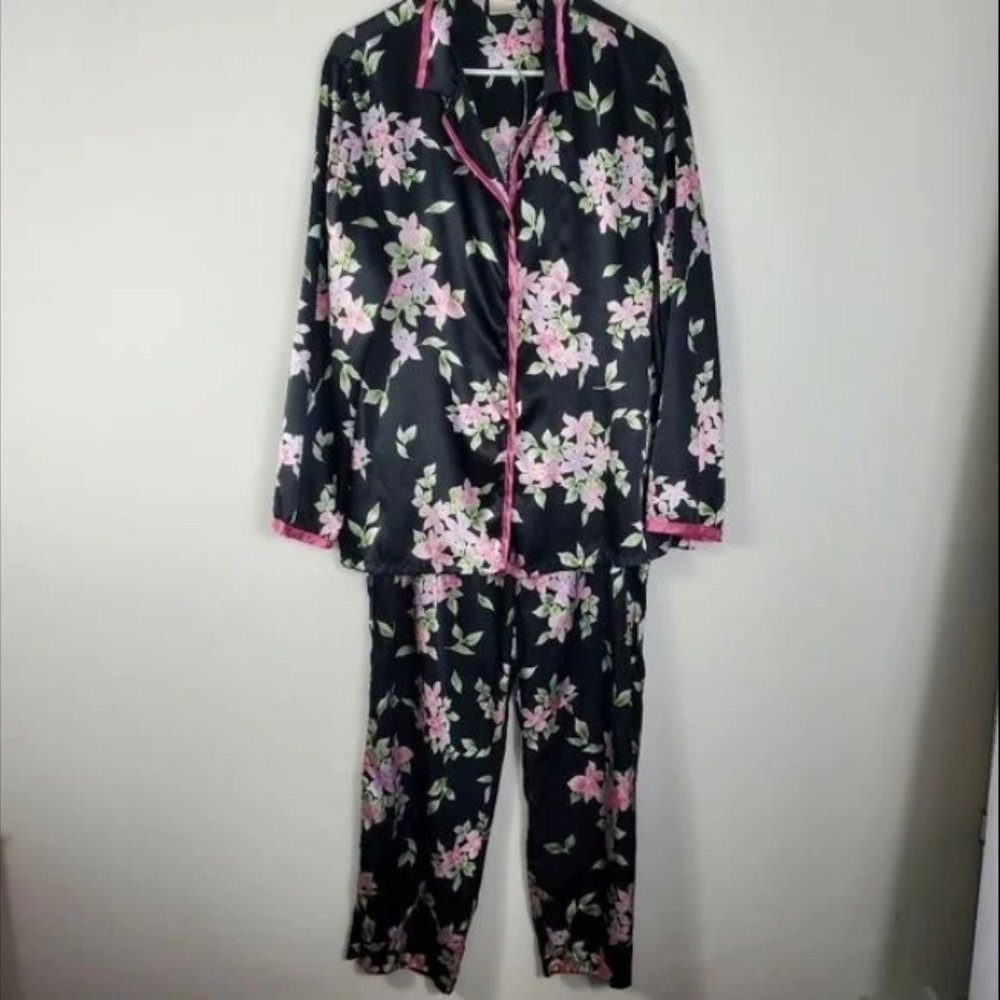 Black Floral Satin PJ Set Pajama Set Womens Size L Button Up Elastic Waist Pant